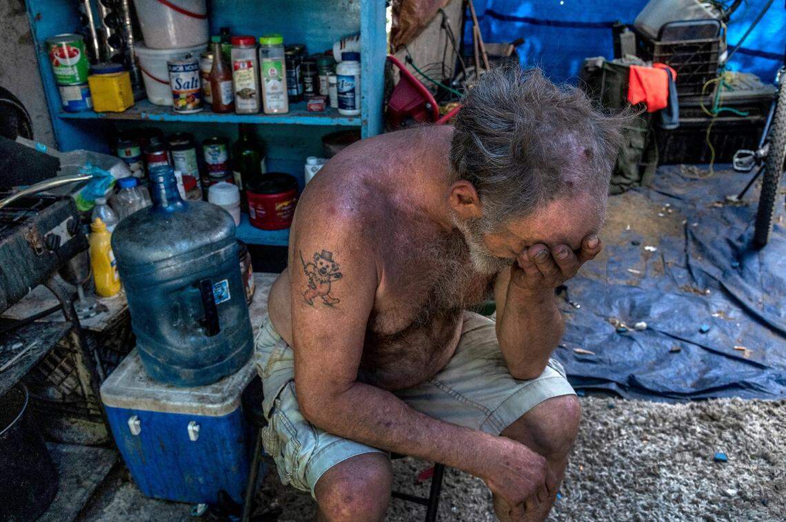 “They told me ten years ago I’d be dead but I’m still here, ” said Kevin Burke, 64, inside one of his tents on June 8. Burke is blind and a diabetic. He said he’s suffered a heart attack and three strokes in the past four years.