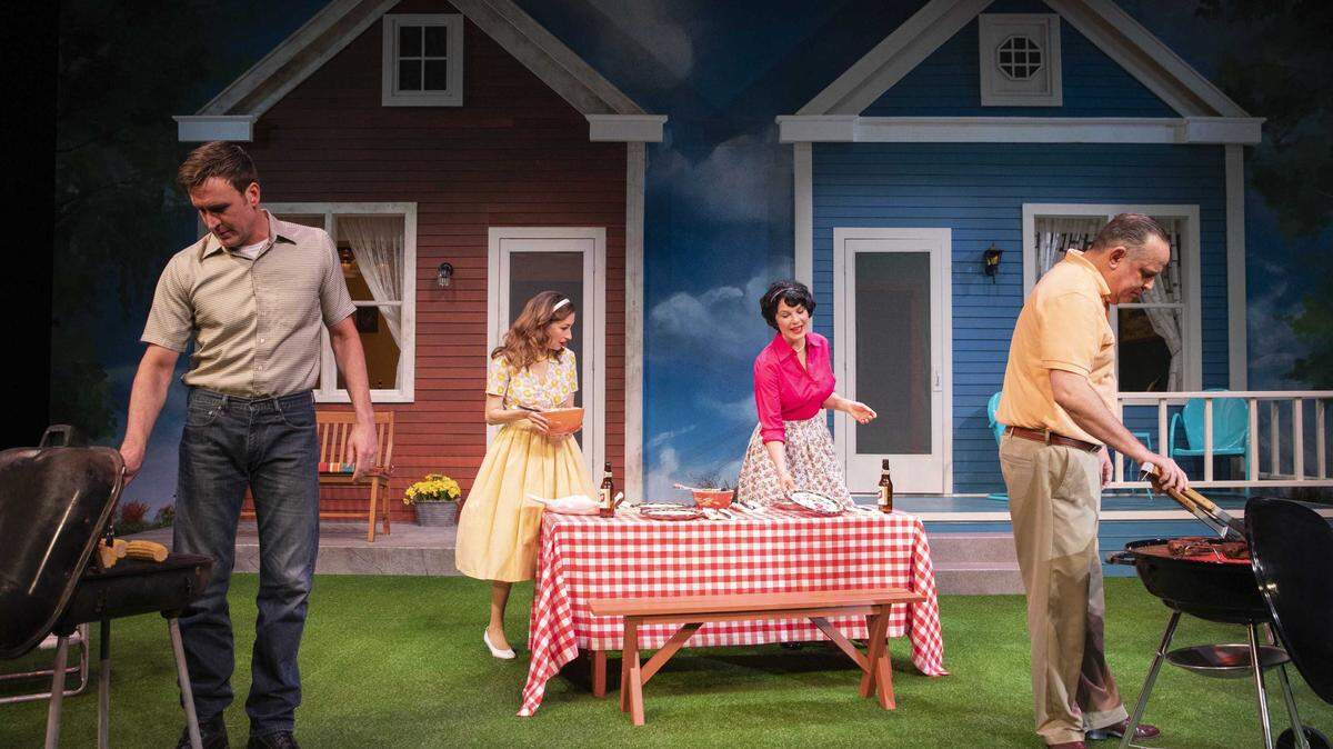From left, Jason Kuykendall, Dana Brooke, Elisabeth Nunziato and Dave Pierini in B Street Theatreâs latest production âWeâre Gonna Be Okay,â a dark comedy set amid the terrifying 1962 Cuban missile crisis that is timeless and particularly timely as it relates to how everyday people cope or crumble under the threat of affairs over which they have little or no control.


