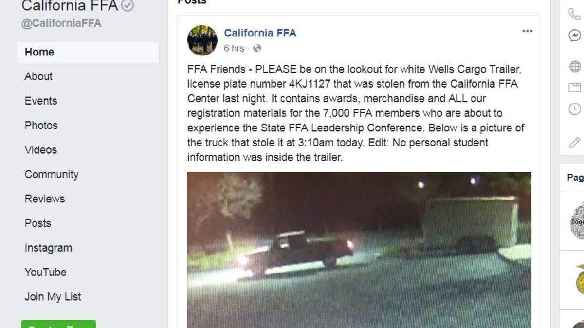 This screenshot of California FFA's Facebook post shows the suspect vehicle.