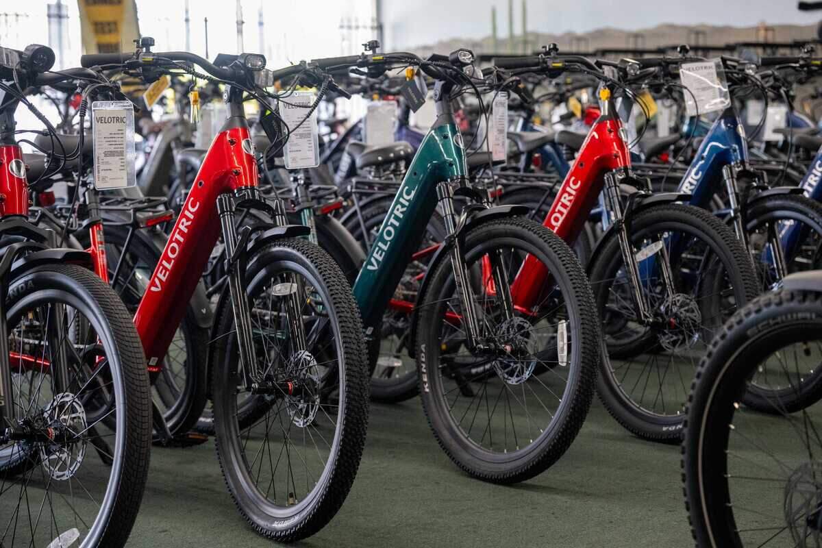 Velotric e-bikes are displayed at ATV Wholesale Outlet on March 17, 2026, in Sacramento. Advocates and retailers say e-bikes provide an affordable transportation option, while officials work to address rising injury rates and rider safety concerns.