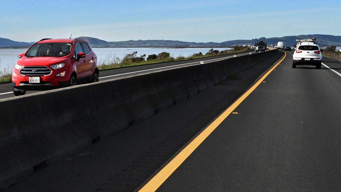 Caltrans plans to widen this stretch of Highway 37 near Mare Island, seen in December 2024, even as sea level rise is expected to inundate parts of the roadway by 2050.