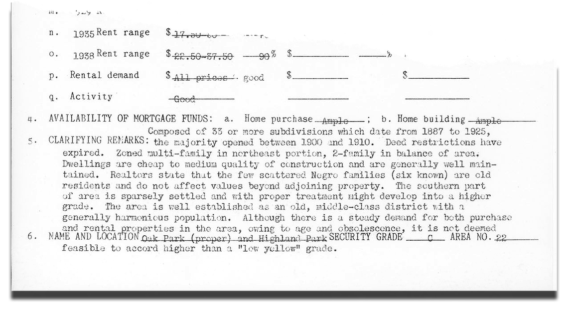 The clarifying remarks of a 1937 area description for Oak Park in which the author writes about if black families are affecting the area’s property values.