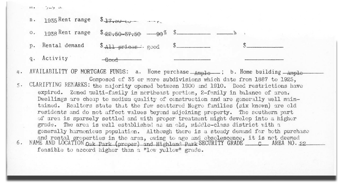 The clarifying remarks of a 1937 area description for Oak Park in which the author writes about if black families are affecting the area’s property values.