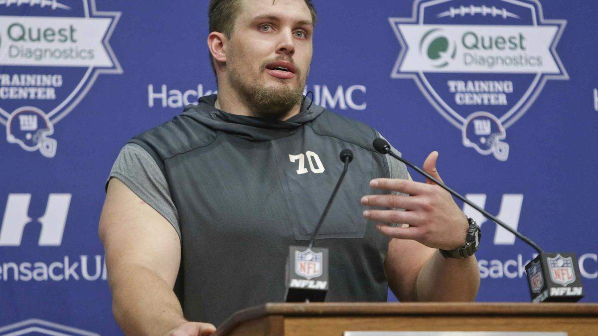 New York Giants' Weston Richburg responds to a question during a news conference Thursday, April 21, 2016, in East Rutherford, N.J.