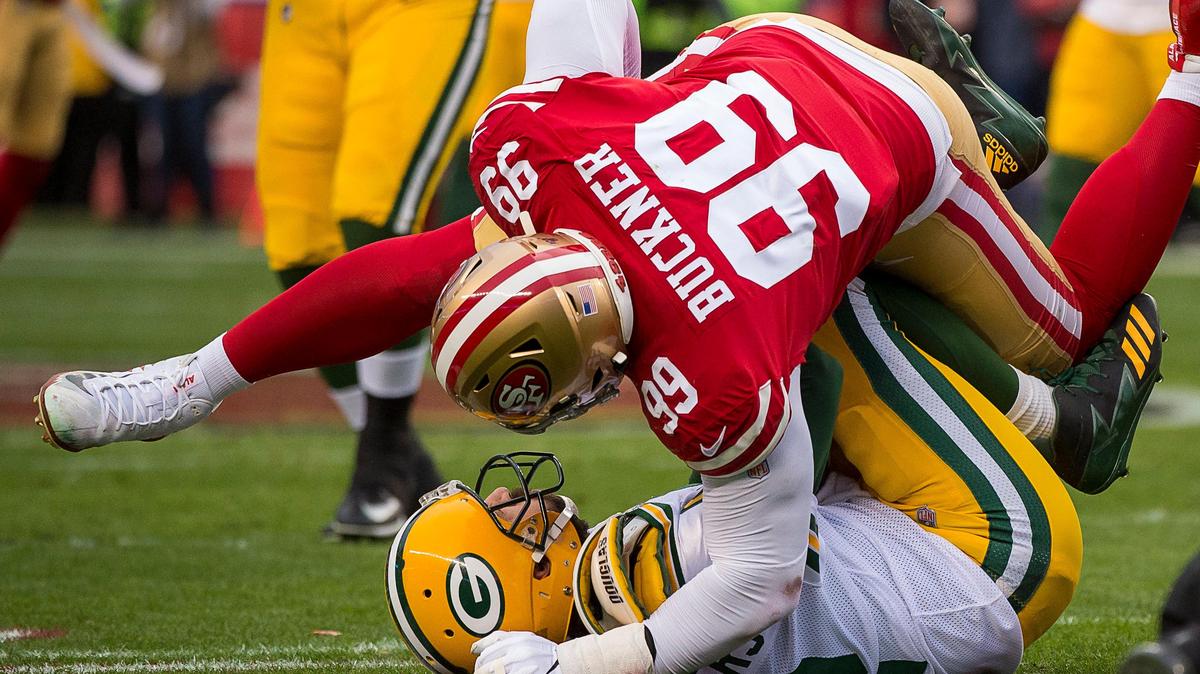 San Francisco 49ers defensive tackle DeForest Buckner (99) sacks Green Bay Packers quarterback Aaron Rodgers (12) during the NFC Championship game at the Levi’s Stadium on Sunday, Jan 19, 2020 in Santa Clara.