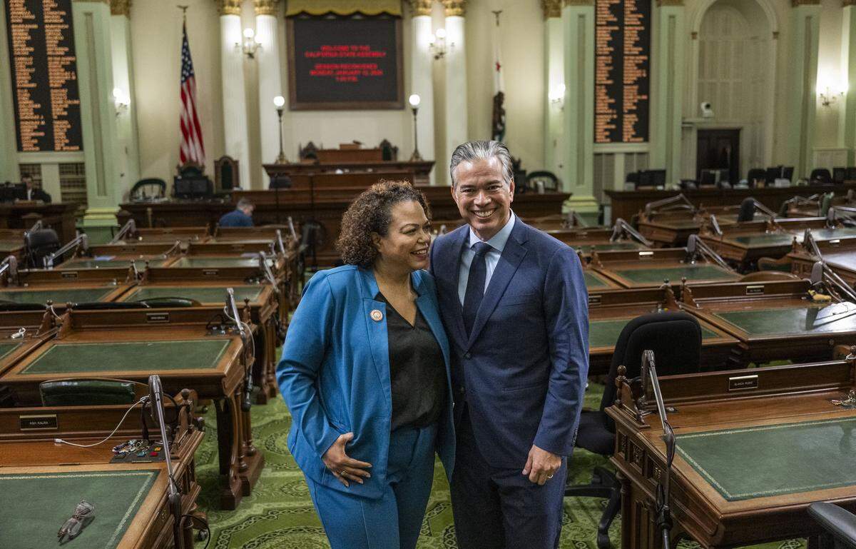 Assemblymember Mia Bonta, D-Oakland, with her husband Rob Bonta after Gov. Gavin Newsom’s final State of State address at the state Capitol on Jan. 8.
