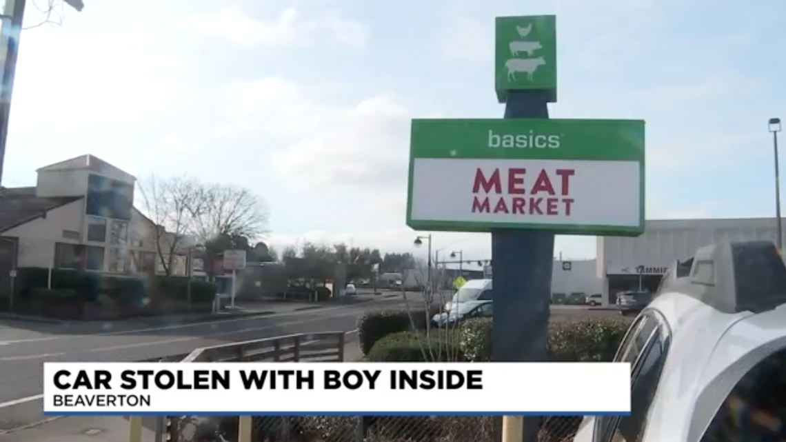 Officials in Beaverton, Oregon, say a man stole a car from the Basics Meat Market parking lot before returning to drop off the 4-year-old boy inside.