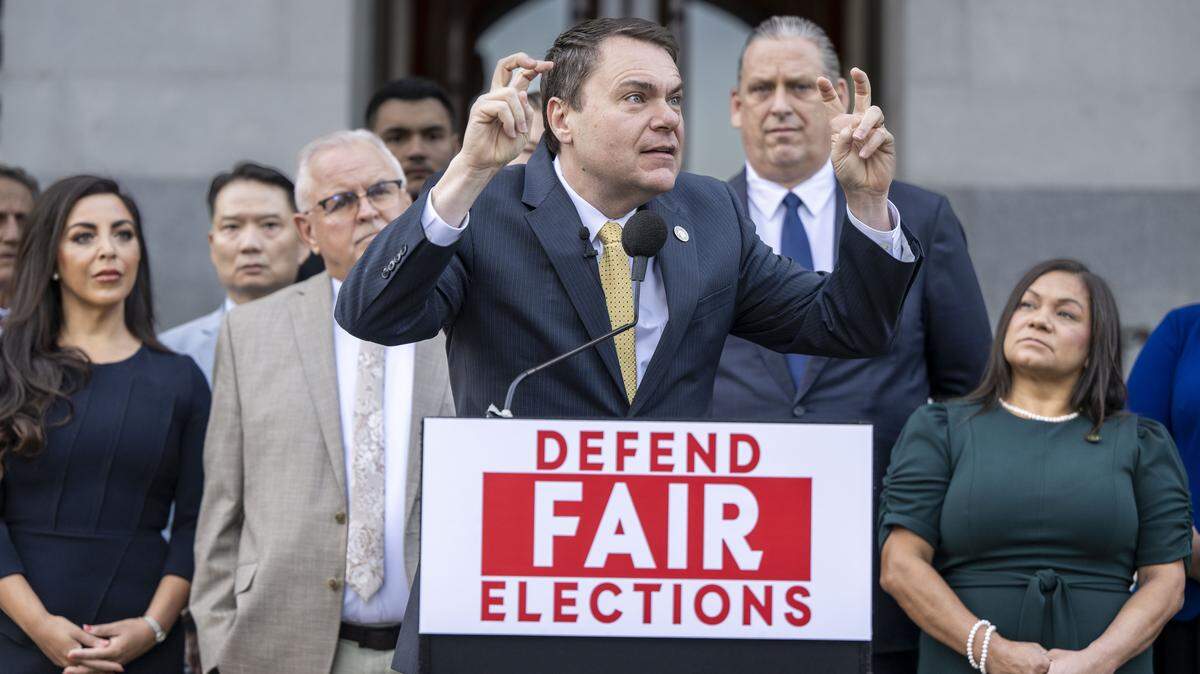 Assemblymember Carl Demaio, R-San Diego, criticizes California’s redistricting bills at the state Capitol on Thursday, Aug. 21, 2025, before the bills were passed by the Legislature and signed by Gov. Gavin Newsom. His party is accusing him of falsely suggesting his favored candidates received official California Republican Party endorsements.