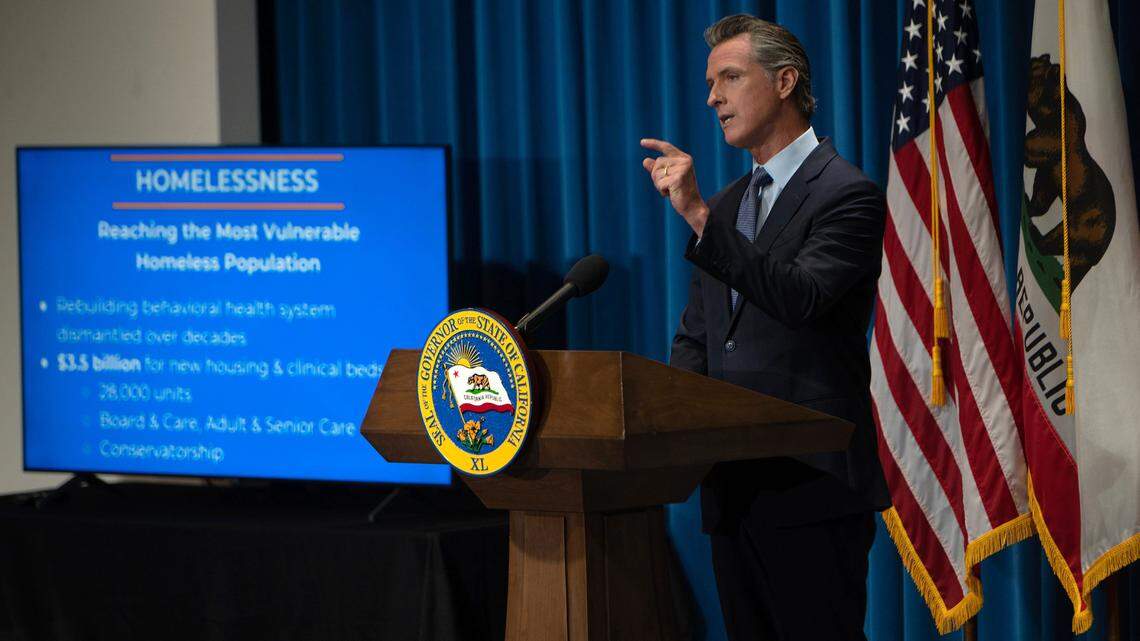 California Gov. Gavin Newsom delivers his revised May budget proposal at a press conference on Friday, May 14, 2021 in Sacramento.