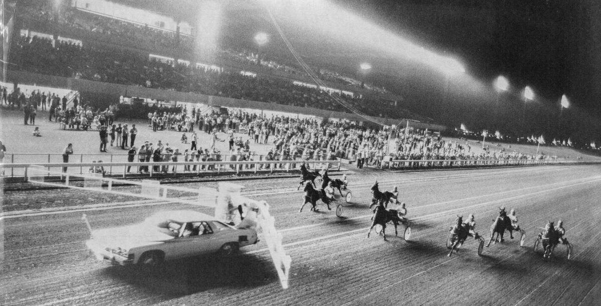A crowd of 3,680 watches weekday harness racing at Cal Expo in 1977.