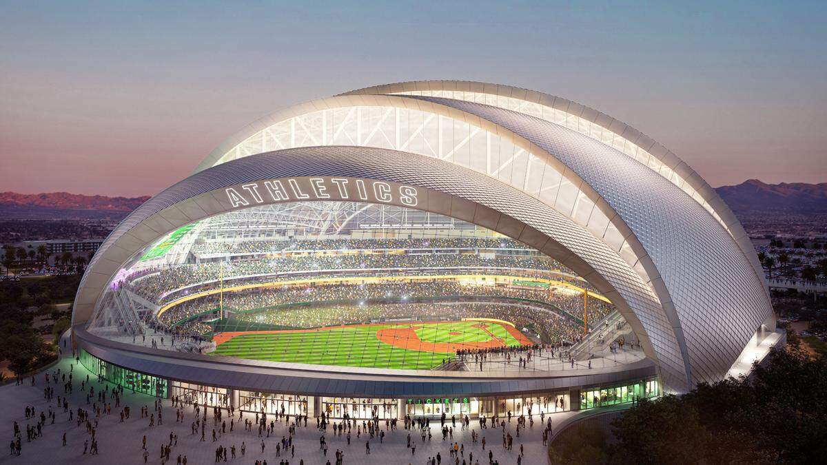 An artist’s rendering shows the Athletics’ planned stadium on the Las Vegas strip in Nevada, where the MLB team plans to move permanently after playing three seasons in West Sacramento.