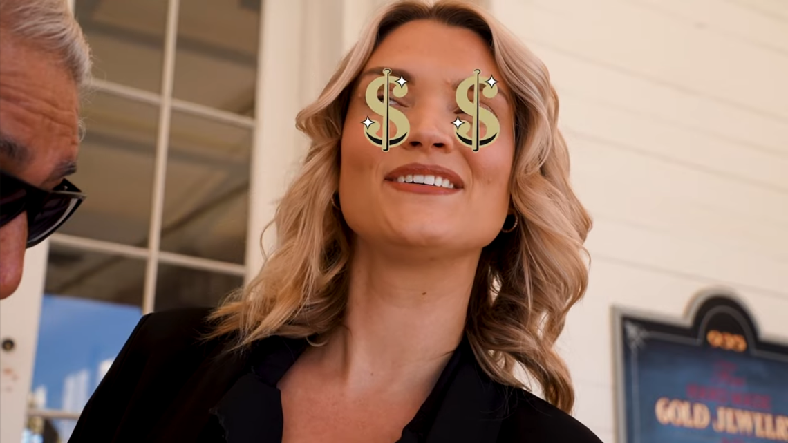 Dollars signs are superimposed over a woman’s eyes in an image from a Sacramento River Cats video promoting the team’s temporary name, the Sacramento Gold Diggers. The video was removed the next day.