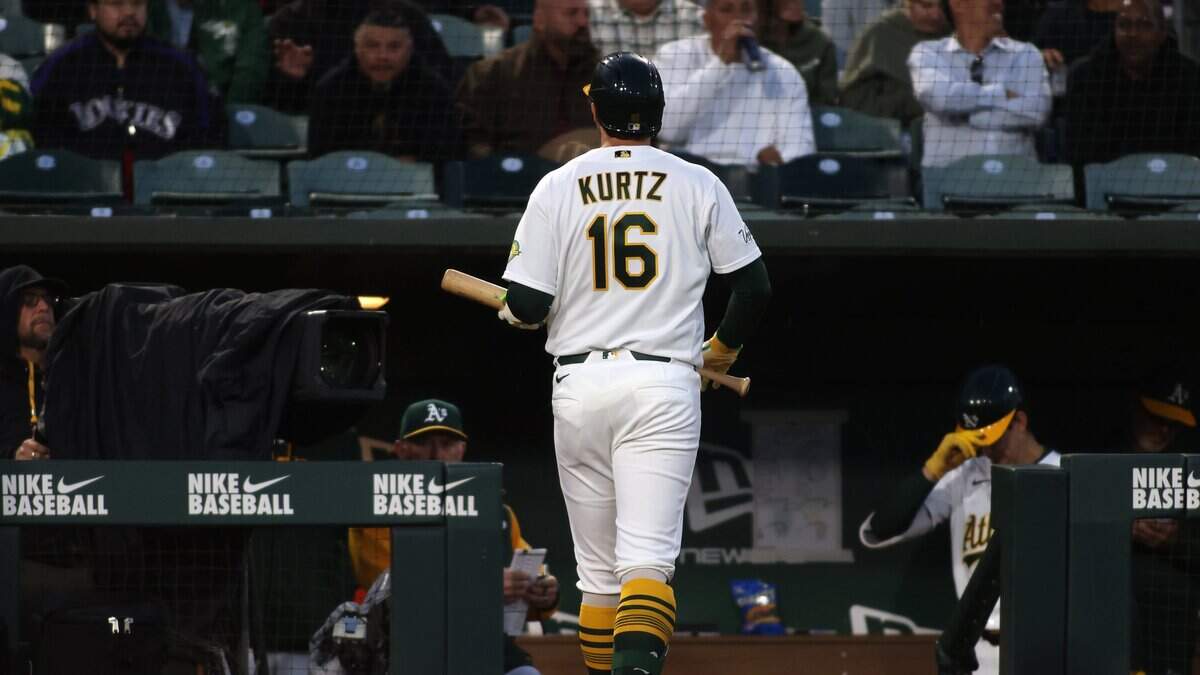 Nick Kurtz of the Athletics walk to the dugout after striking out during the sixth inning Tuesday against the Seattle Mariners at Sutter Health Park in West Sacramento.