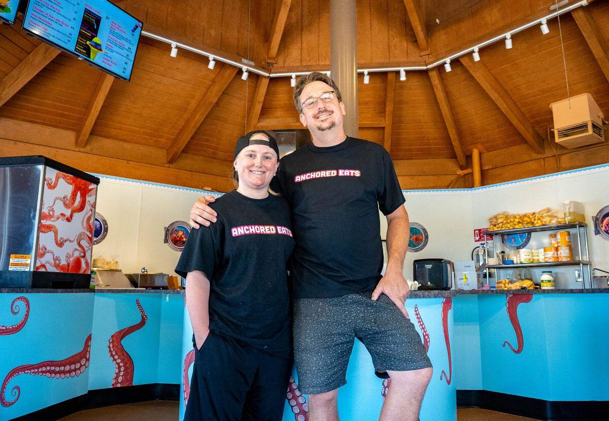 Co-owners Ruby Shields, left, and Ben Shirley, right, brought Anchored Eats from the water to land, Thursday, June 15, 2023.