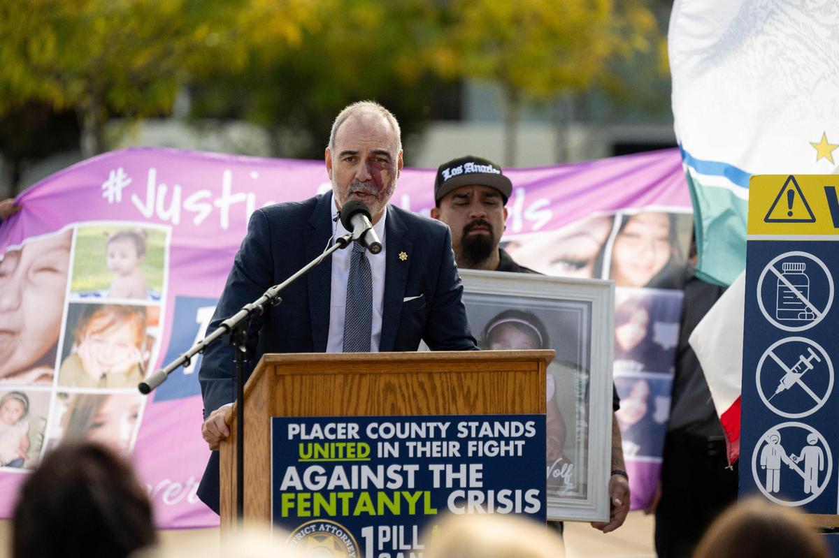 Placer County District Attorney Morgan Gire speaks during a press conference at Placer Superior Court Tuesday, Oct. 10, 2023, in Roseville after the sentencing of Nathanial Evan Cabacungan, 22, for second-degree murder for the fentanyl death of Jewels Marie Wolf.