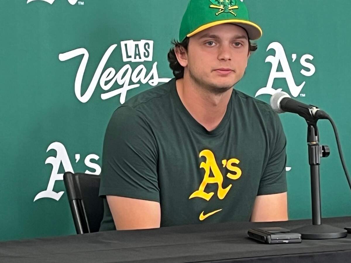 Nick Kurtz, the A’s top prospect drafted No. 4 overall in the 2024 MLB draft, speaks to media Tuesday before an Athletics game at Sutter Health Park in West Sacramento.