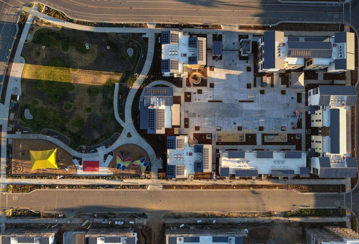 The Mirasol Village affordable housing community is seen by drone under various phases of construction on June in Sacramento near Richards Boulevard in the River District.