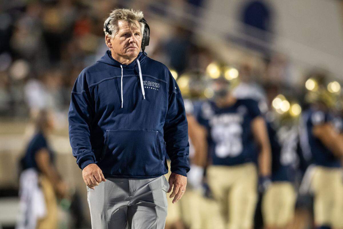 UC Davis Aggies head coach Dan Hawkins watches his team lead the University of San Diego during the first half of the NCAA college football game Saturday, Sept. 17, 2022, at the Aggies’ home opener at UC Davis Health Stadium. The Aggies finished 2022 at 6-5 with close losses and injuries.
