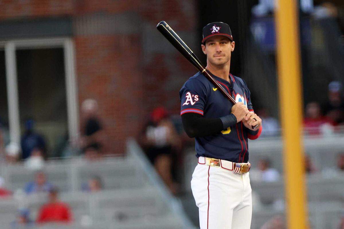 A’s designated hitter Brent Rooker (25) looks on during the 2025 Home Run Derby at Truist Park on Monday. Rooker was edged out of advancing by just 0.08 feet in a tiebreaker to eventual derby winner Cal Raleigh.