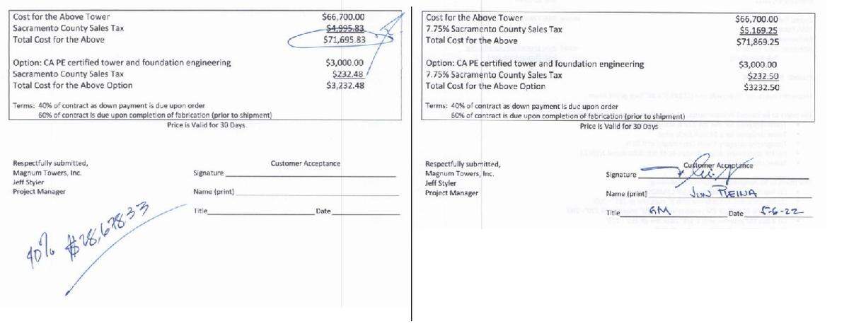 Emails show the bottom portions of two versions of an invoice sent by Magnum Towers, Inc. to Capital Public Radio, with then-CapRadio general manager Jun Reina’s handwriting in blue. Reina emailed the version on the left, dated Nov. 17, 2021 in the header of the full document, to accountants on Sept. 15, 2022, the same day Sacramento County prosecutors say Reina produced a forged Magnum Towers proposal. The apparently legitimate invoice, on the right, is dated Feb. 17, 2022, in the full document’s header.