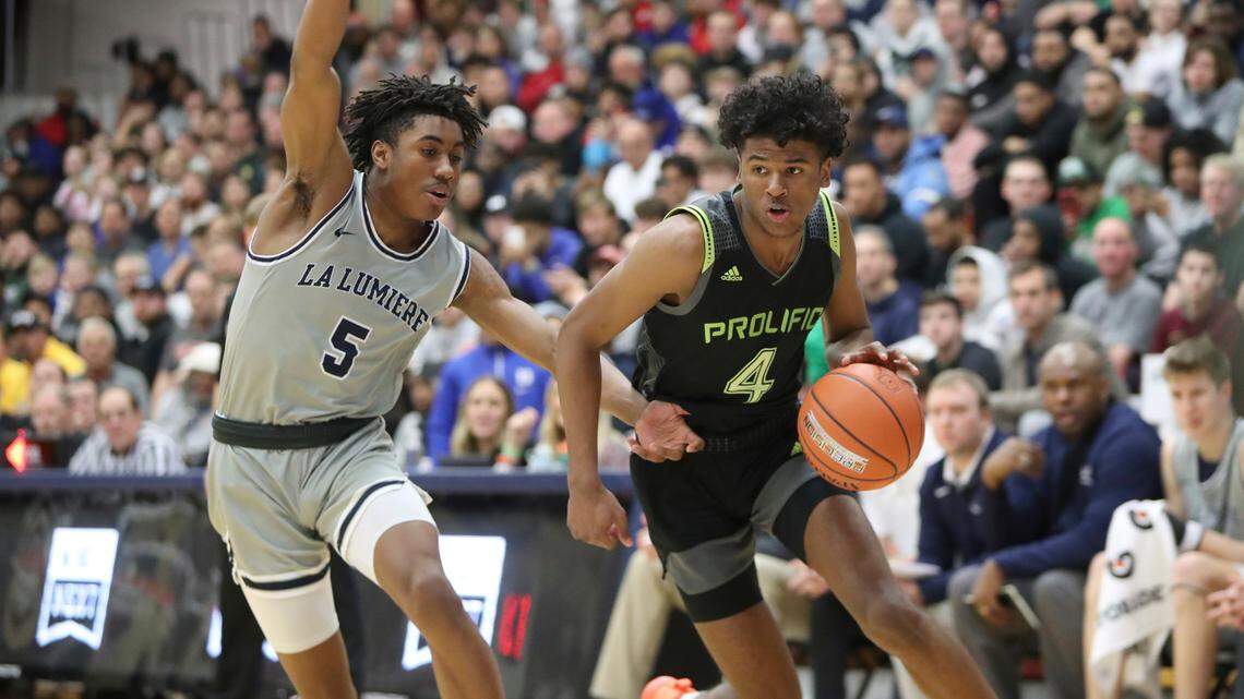 Prolific Prep’s Jalen Green, right, plays against La Lumiere of Indiana during the Hoophall Classic on Jan. 19 in Springfield, Mass.