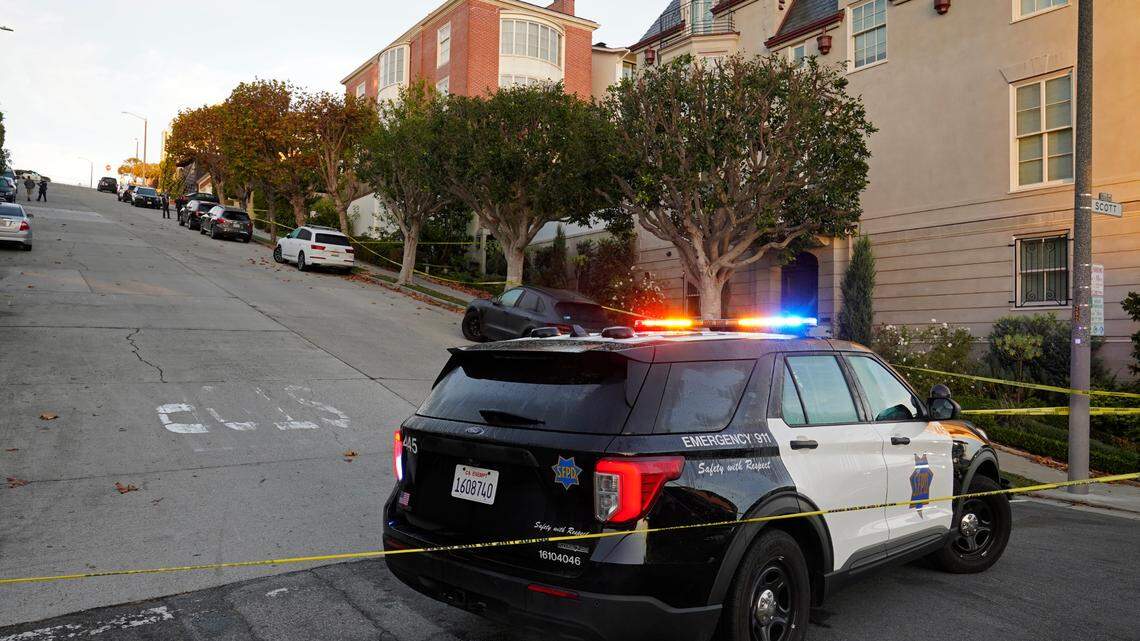 A police car blocks a street near the home of Paul Pelosi and House Speaker Nancy Pelosi in San Francisco on Friday.
