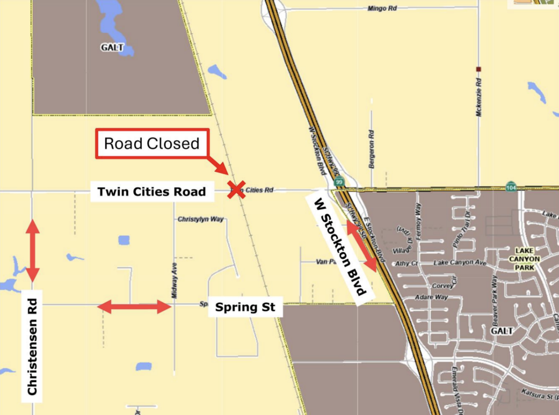 A map of the detour route SacDOT set up around repairs on Twin Cities Road. Motorists can access Christensen Road, Spring Street and W. Stockton Boulevard to go around the repair site.