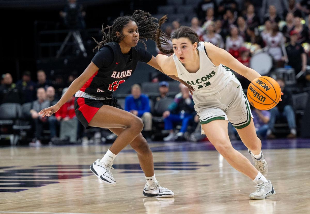 Colfax High School’s Madalyn Sigrist drives down court as the Falcons play the Harvard-Westlake Wolverines for the CIF Division II state championship Saturday at Golden 1 Center.
