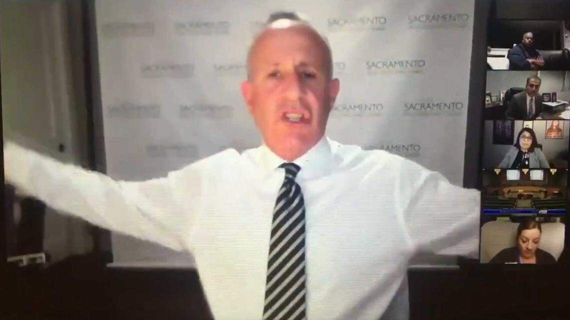 In an image taken from video, Sacramento Mayor Darrell Steinberg is seen speaking during a City Council meeting Tuesday, Jan. 26, 2021. Steinberg expressed frustration over the lack of a warming shelter for Sacramento homeless as a powerful storm moved across the region Tuesday night.