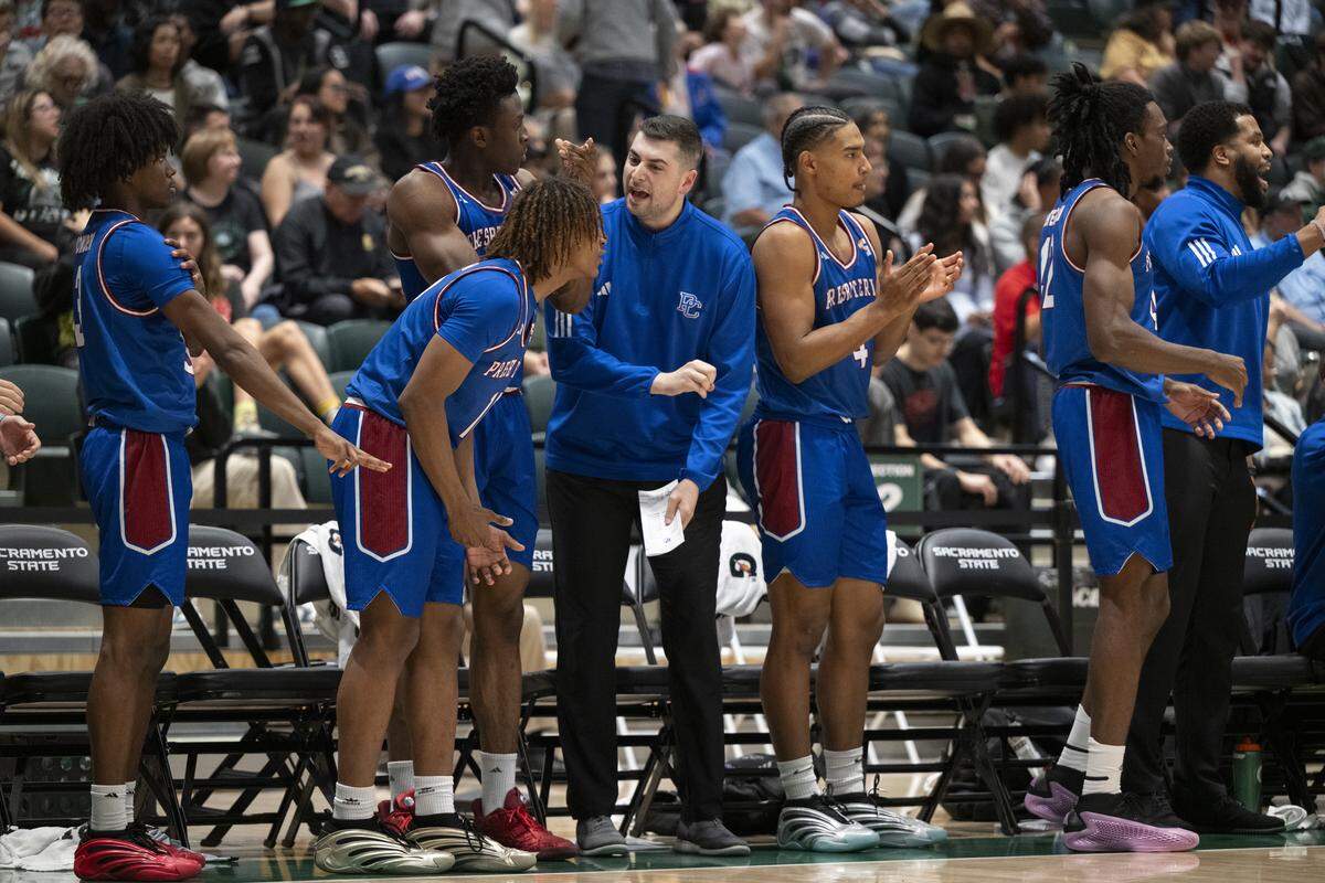 Presbyterian’s bench reacts during a game between Sac State and Presbyterian at Hornet Pavilion in Sacramento on Sunday, Nov. 16, 2025.