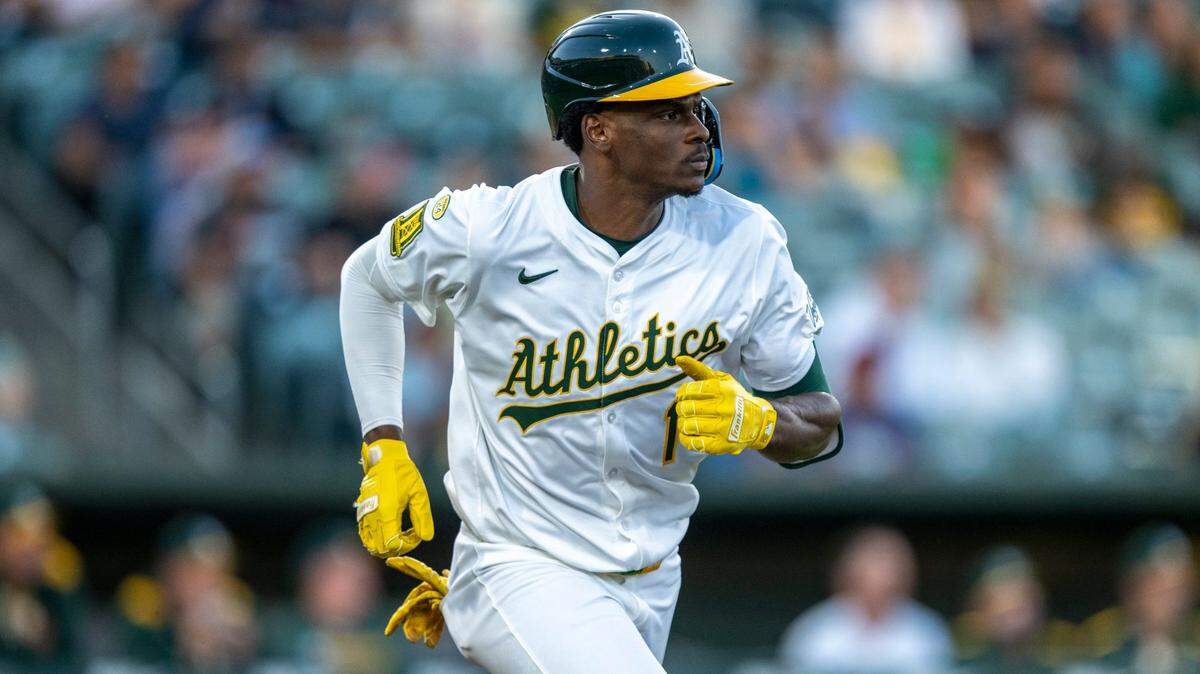 Athletics outfielder Denzel Clarke (1) runs to first base during a baseball game against the Cleveland Guardians at Sutter Health Park on Friday, June 20 2025.