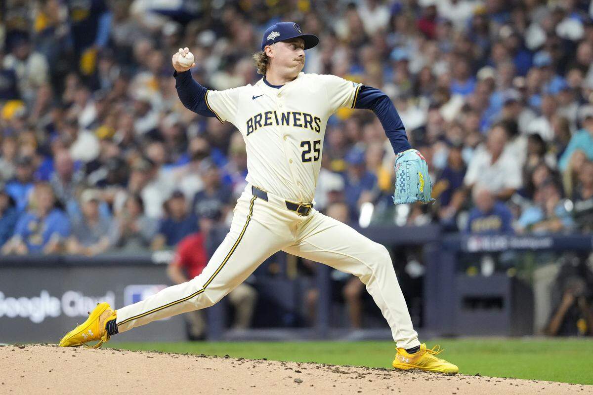 Nick Mears of the Milwaukee Brewers pitches during the second inning against the Chicago Cubs in Game 2 of the National League Division Series at American Family Field on Oct. 6, 2025 in Milwaukee, Wisconsin.