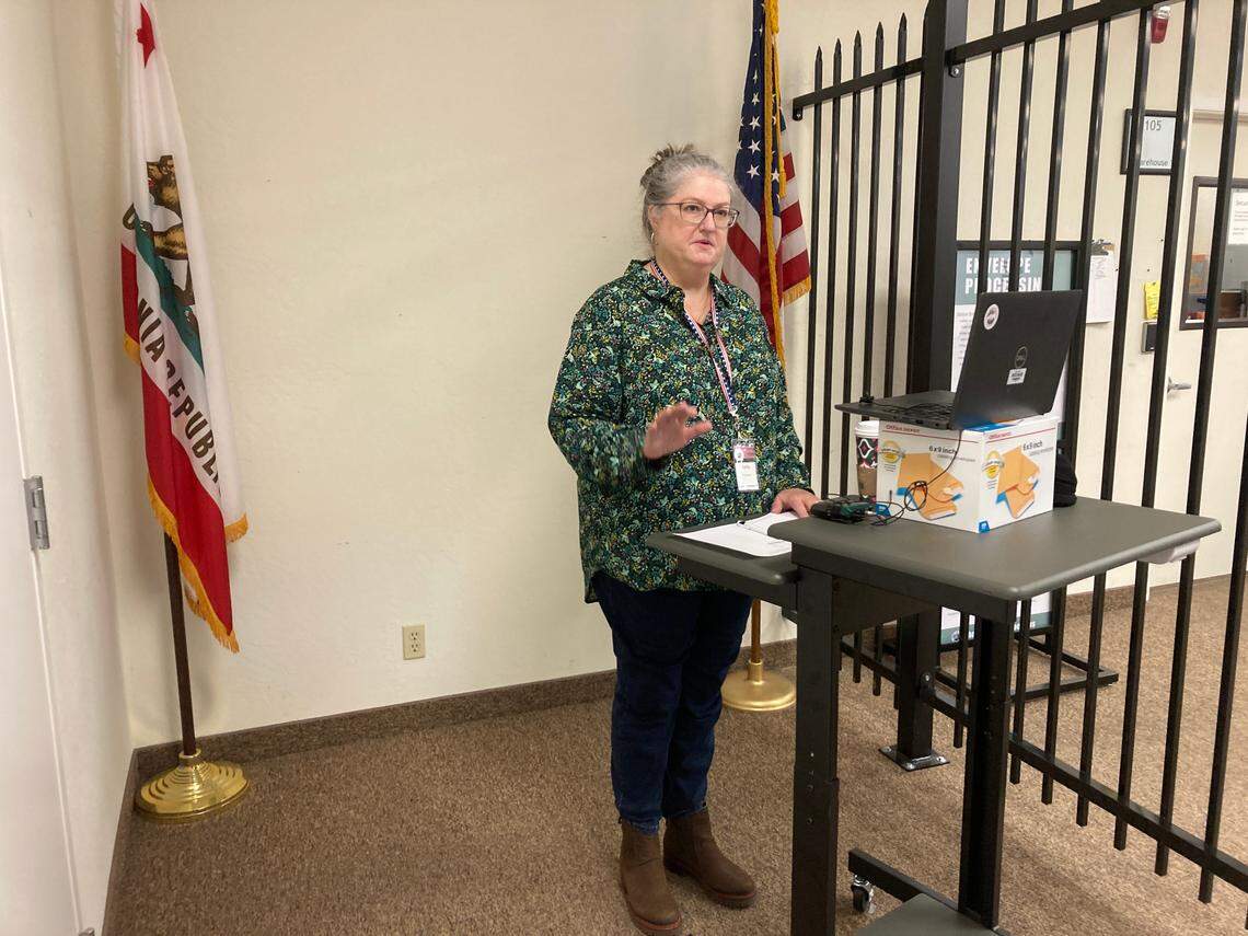 Shasta County Registrar of Voters Cathy Darling Allen addresses the media during a Monday news conference. She stands near a fence that was recently installed in the elections office in downtown Redding.