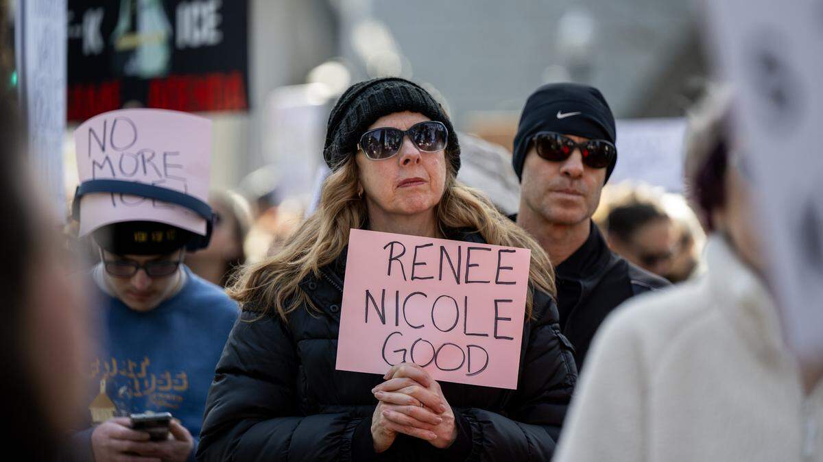 Protester Kristi Hardey of Loomis marches on Saturday, Jan. 10, 2026, in downtown Sacramento with a sign bearing the name of Renee Nicole Good, who was killed by an ICE agent in Minneapolis earlier in the week.