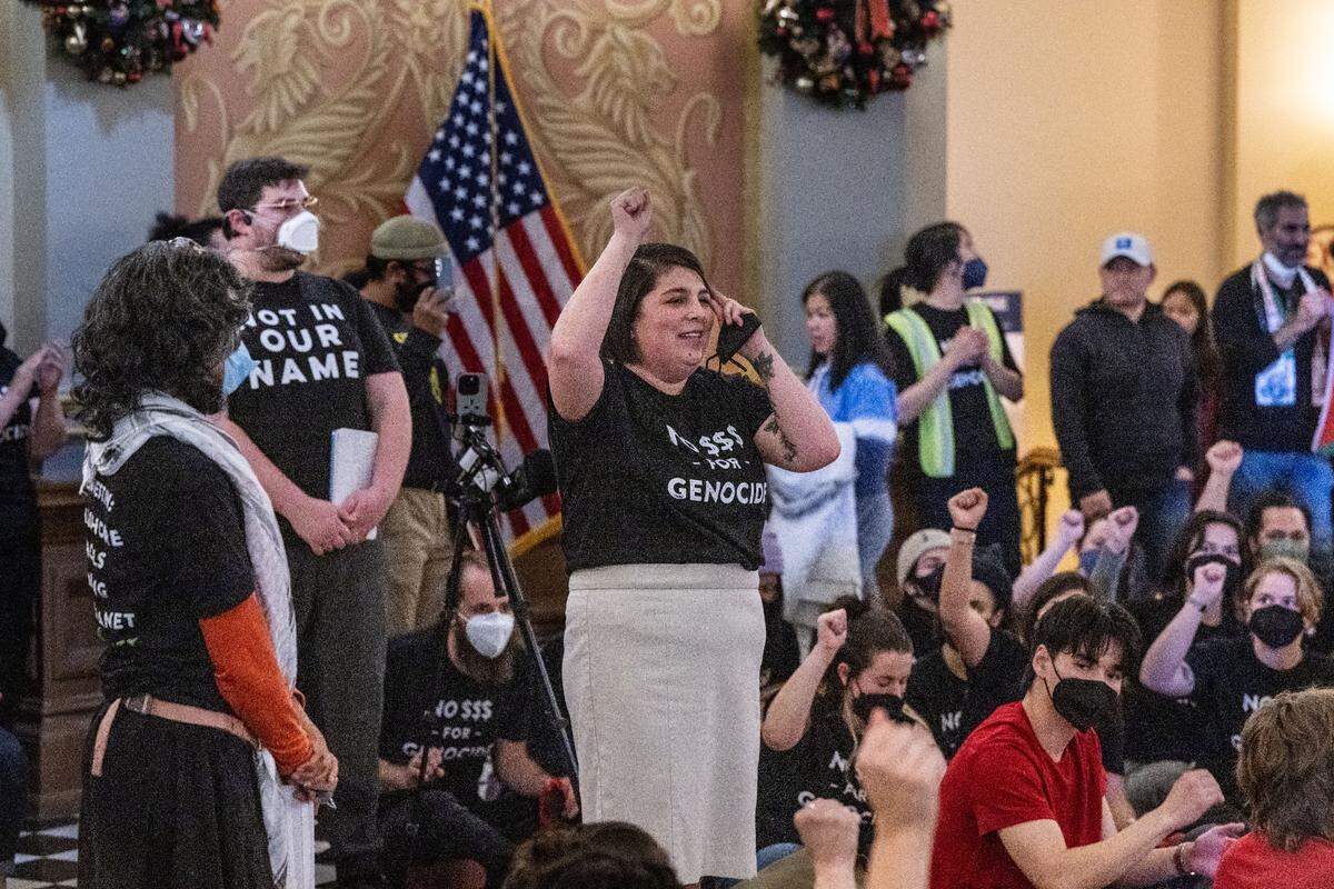 Sacramento City Councilmember Katie Valenzuela speaks at a rally in the Capitol Rotunda on Jan. 3, 2024, as a group called for a cease-fire in the Israel-Hamas war after disrupting the first legislative session of the year.