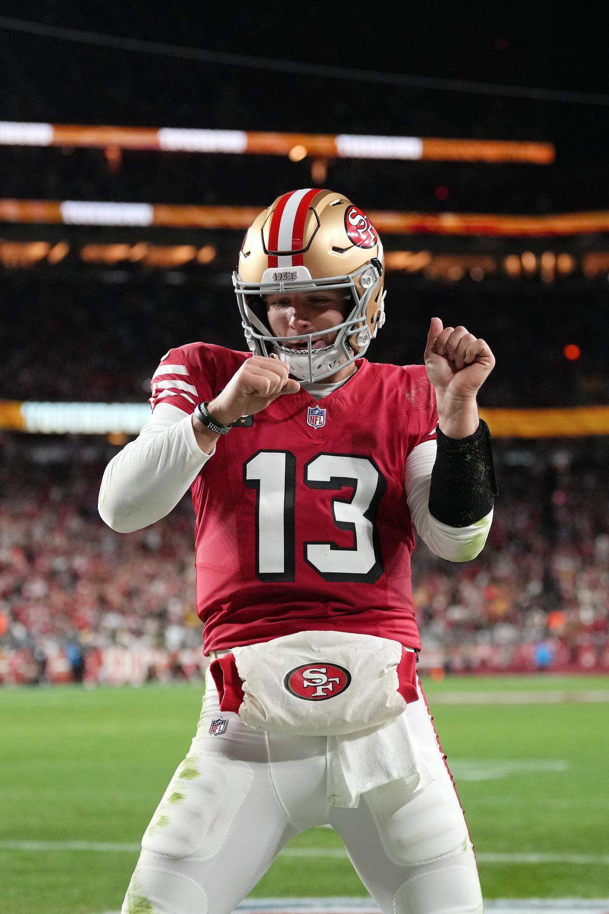 SANTA CLARA, CALIFORNIA - DECEMBER 28: Brock Purdy #13 of the San Francisco 49ers celebrates a touchdown against the Chicago Bears during the first quarter of the game at Levi's Stadium on December 28, 2025 in Santa Clara, California. (Photo by Thearon W. Henderson/Getty Images)