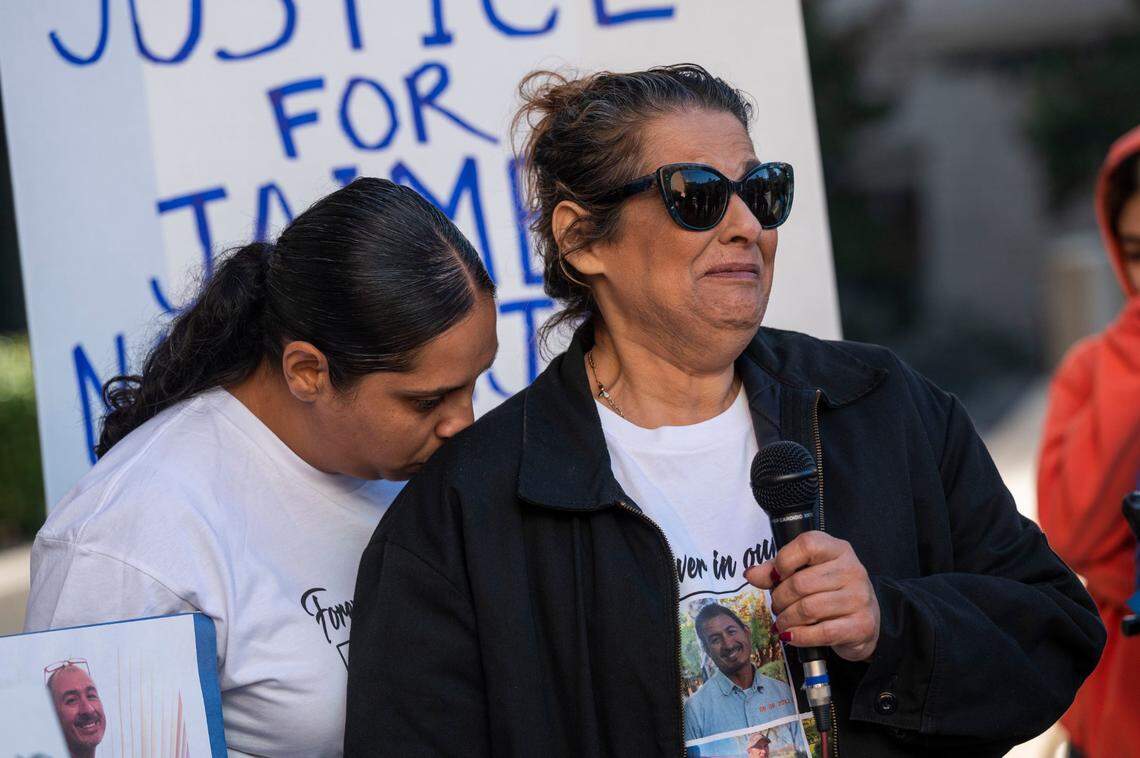 Elisa Daher Naranjo speaks about losing her husband Jaime Naranjo, who was killed by a Sacramento Sheriff’s deputy last week, while her daughter Shavon Acosta kisses her shoulder at a press conference in Sacramento on Tuesday, Oct. 4, 2022. Daher Naranjo said she called 911 for help while her husband was experiencing a mental health crisis, but the result was that she “lost the love of her life.”