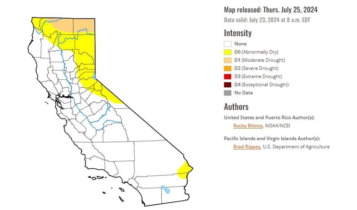 As of July 25, 2024, the U.S. Drought Monitor update shows California has 4.4% of “moderate drought” and 21.2% of “abnormally dry” spots.