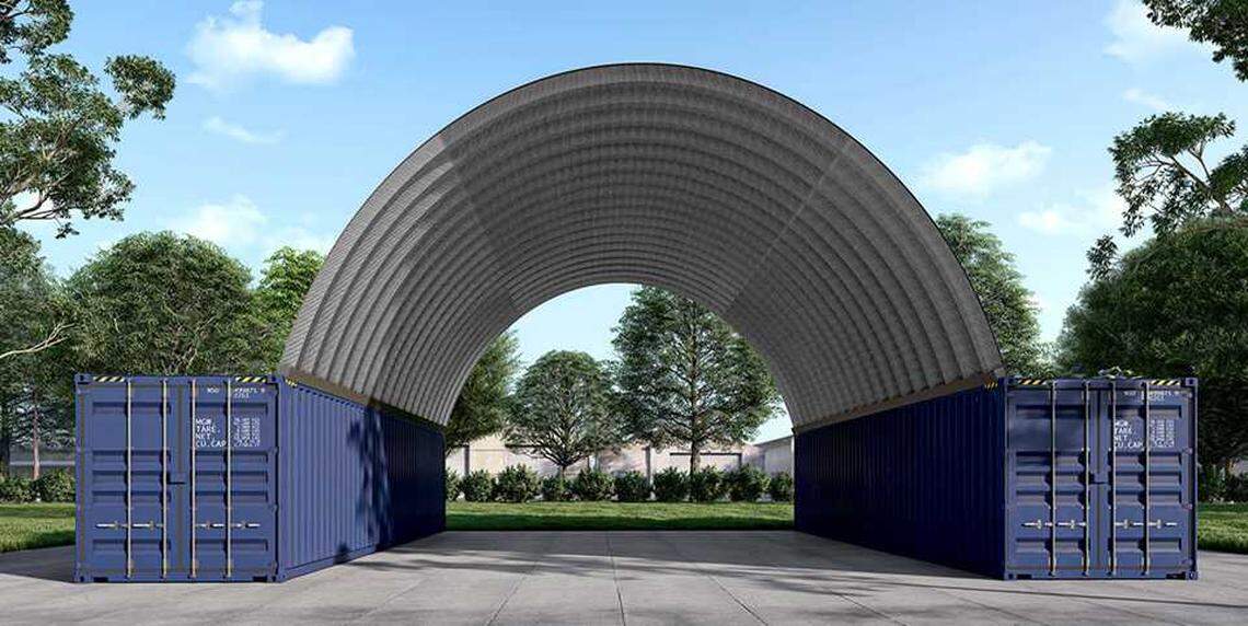 A rendering shows how shipping containers will be used to provide shelter over tents in the River District's safe camping site.