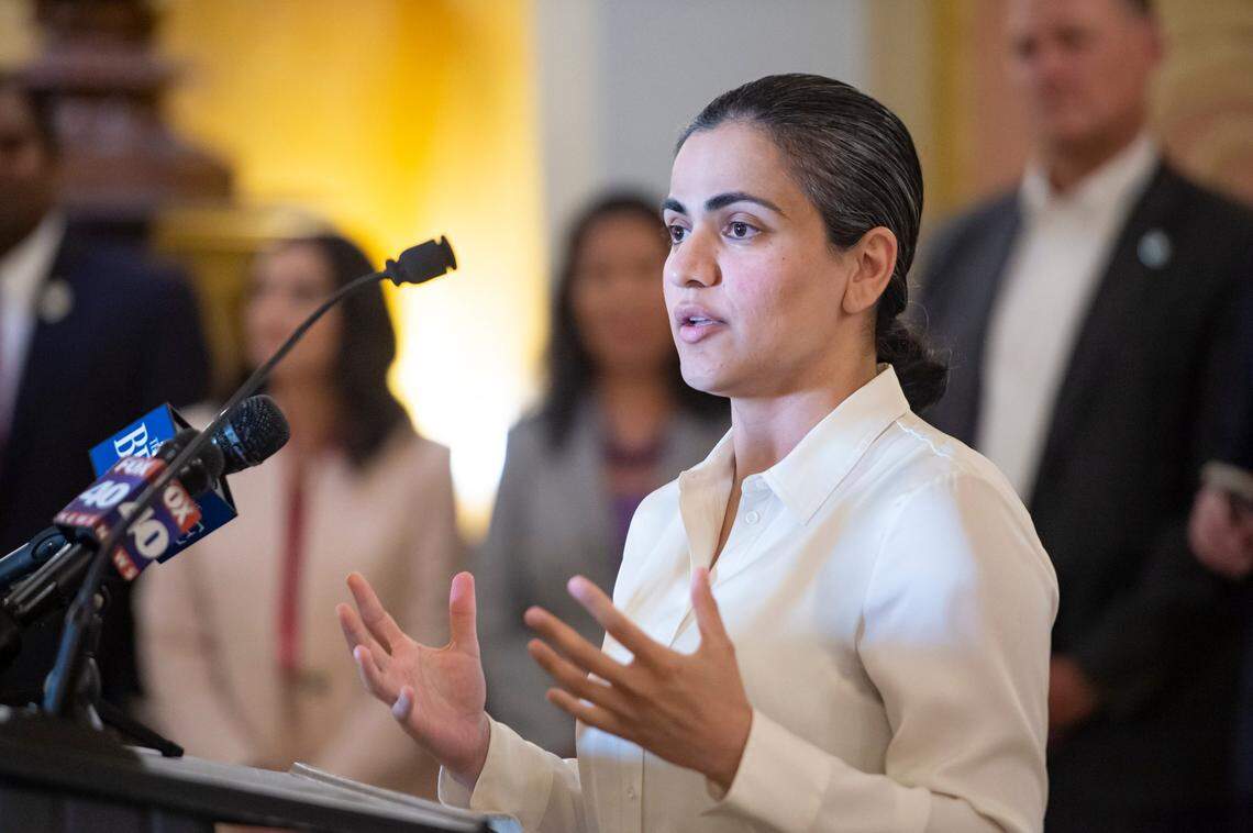 Sen. Aisha Wahab speaks to the crowd gathered during the Ramadan Iftar on April 10, 2023, at the state Capitol in downtown Sacramento.
