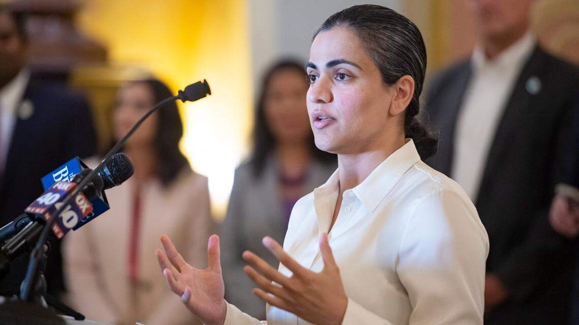 State Sen. Aisha Wahab speaks to the crowd gathered during the Ramadan Iftar in April at the state Capitol in downtown Sacramento.