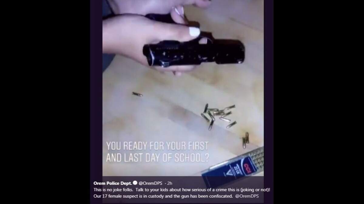 A 17-year-old girl in Orem, Utah, has been arrested after posting a photo of a gun Sunday to Instagram captioned “you ready for your first and last day of school,” police say. The teen faces terrorism charges.