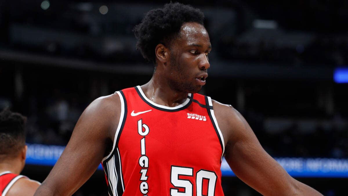 Portland Trail Blazers forward Caleb Swanigan (50) in the second half of an NBA basketball game Tuesday, Feb. 4, 2020, in Denver. The Nuggets won 127-99. (AP Photo/David Zalubowski)