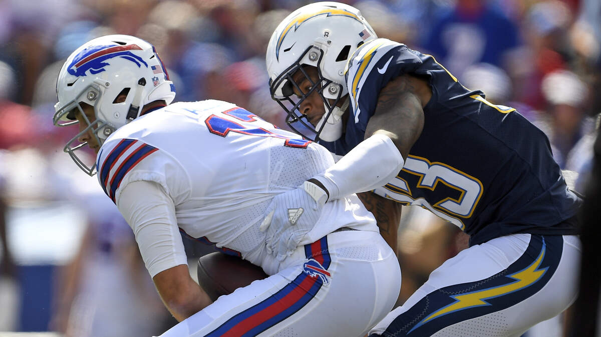 Los Angeles Chargers’ Derwin James, right, sacks Buffalo Bills quarterback Josh Allen on Sept. 16, 2018 in Orchard Park, N.Y. The Chargers safety is making a strong early case for Defensive Rookie of the Year honors.