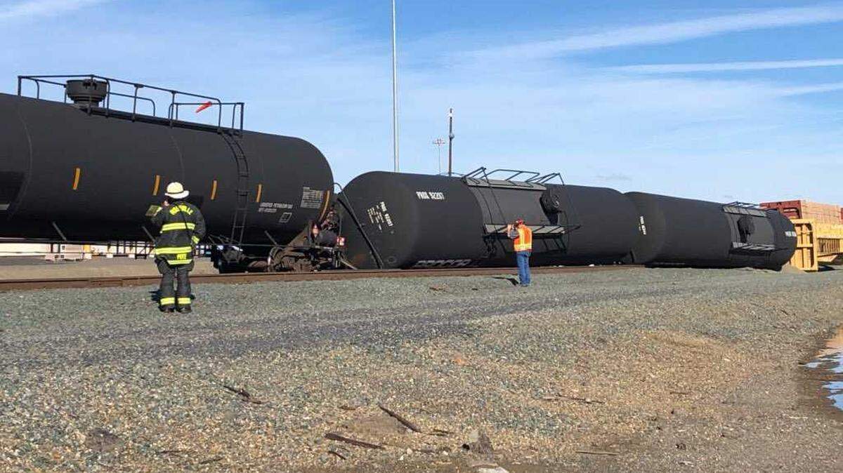 A multi-car tanker train sits derailed Friday, December 6, 2019, at the JR Davis Railyard near Antelope in Sacramento County, according to the Roseville Fire Department.