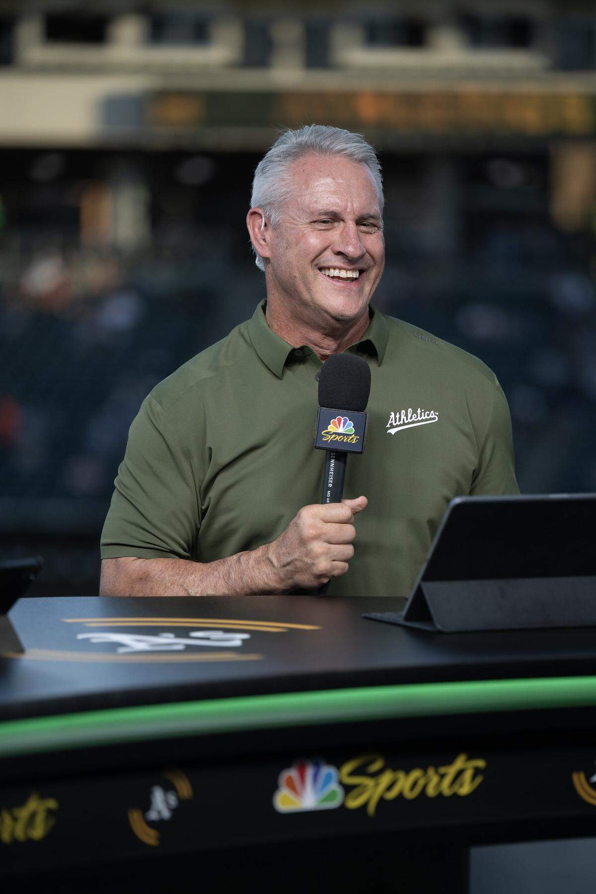 Athletics pregame broadcaster Steve Sax speaks toward the camera during a show before the team's game against the Detroit Tigers last month at Sutter Health Park in West Sacramento.