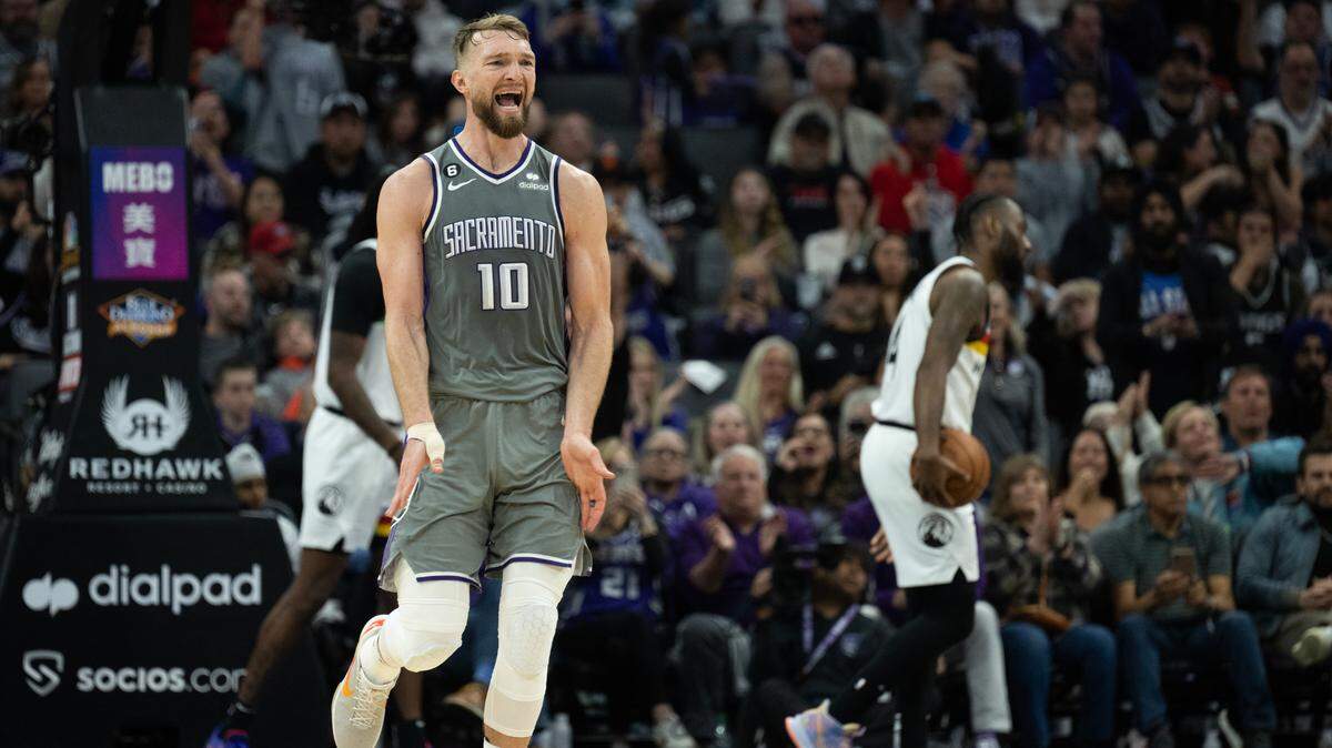 Sacramento Kings forward Domantas Sabonis (10) reacts after he fouls Minnesota Timberwolves in the third quarter during a game at Golden 1 Center in Sacramento, Monday, March 27, 2023.