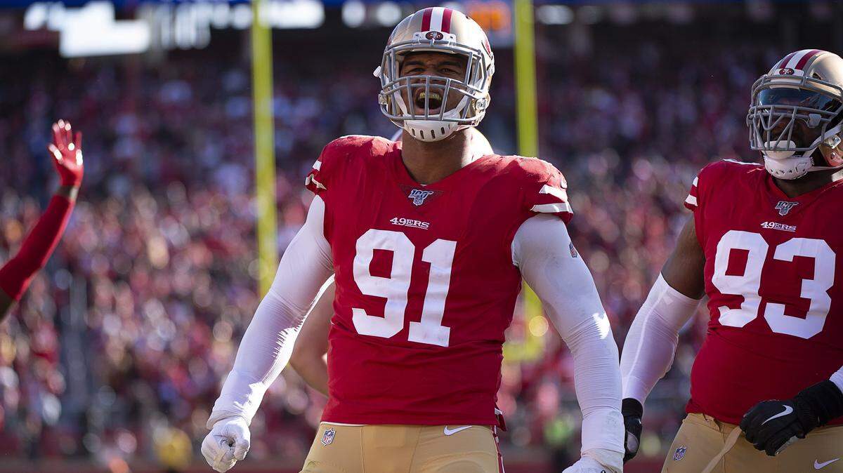 San Francisco 49ers defensive end Arik Armstead (91) celebrates after he sacks Minnesota Vikings quarterback Kirk Cousins (8) in the second quarter during an NFC playoff game at the Levi’s Stadium on Saturday, Jan 11, 2020 in Santa Clara.