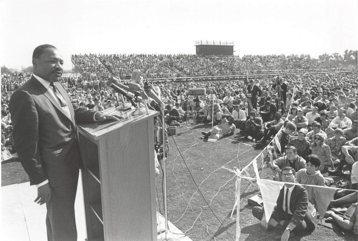 Martin Luther King Jr. speaks at Sacramento State Oct. 16, 1967.