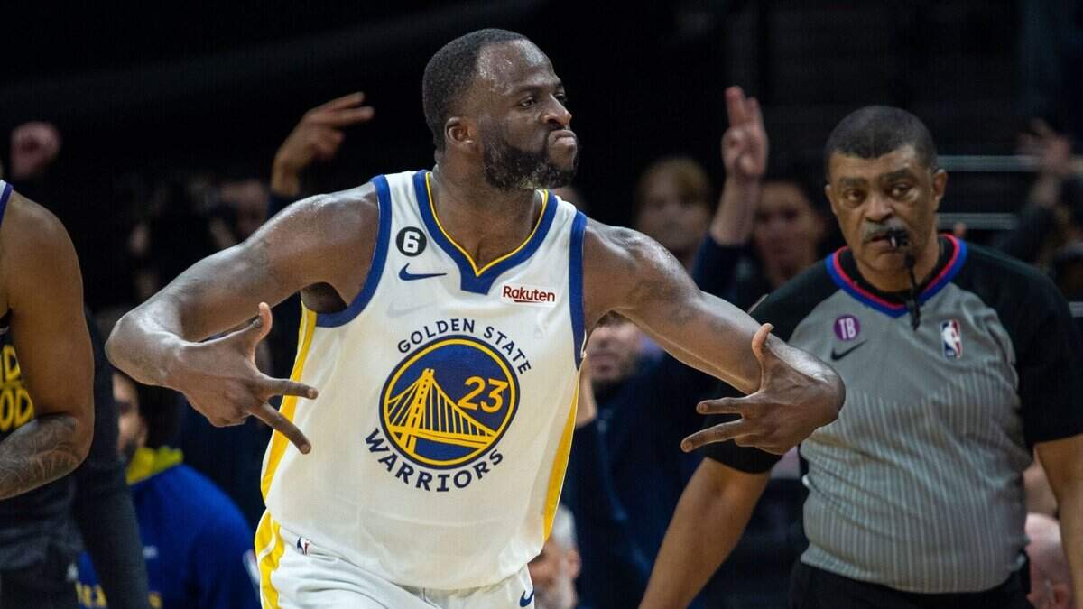 Golden State Warriors forward Draymond Green (23) celebrates a three point basket during Game 5 of the first-round NBA playoff series at Golden 1 Center on Wednesday, April 26, 2023.